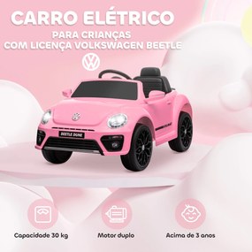 Carro Elétrico para Crianças Carro Elétrico Infantil Volkswagen Beetle com Bateria 12V Faróis Buzina e Música 97x56,5x46 cm Rosa