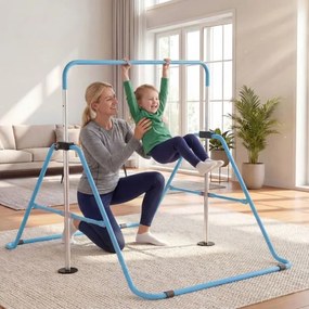 Barra de ginástica infantil dobrável, altura ajustável, base antiderrapante 3-12 anos, azul