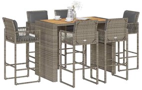 7 pcs conj. de bar jardim c/ almofadões vime PE/acácia cinzento