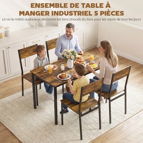 Conjunto de mesa de jantar com 4 cadeiras, mesa de cozinha com cadeiras para 4 pessoas, pés em metal, castanho rústico
