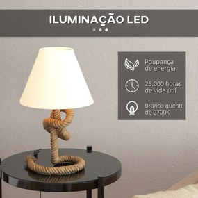 Candeeiro de Mesa LED com Base de Metal Corda de Linho e Ecrã de Tecido Suporte para Lâmpada E27 Ø28x45,5 cm Casatanho Bege