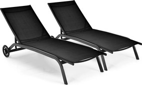 Conjunto de 2 espreguiçadeiras com rodas, tecido de secagem rápida e encosto reclinável em 6 posições, para exterior, piscina, pátio e jardim, Pretas