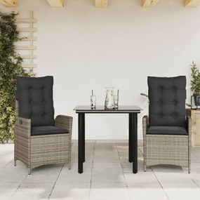3 pcs conjunto de jantar p/ jardim c/ almofadões vime PE cinza