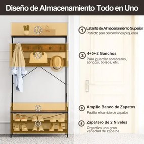 Bengaleiro entrada com Banco para sapatos com Estante 11 Ganchos Estrutura metálica 102 x 40 x 184 cm Castanho