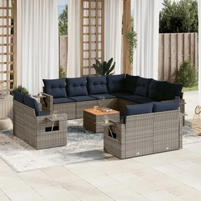 vidaXL 12 pcs conjunto sofás p/ jardim c/ almofadões vime PE cinzento