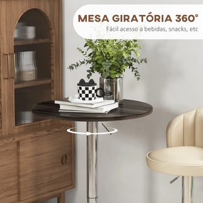 Mesa Alta Cozinha (BANCOS NÃO INCLUIDOS) Mesa Alta Bar Redonda para 2 Pessoas Altura Ajustável Tampo Giratório 360° 60x60x91 cm Nogueira