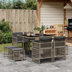 vidaXL 9 pcs conjunto de jantar p/ jardim c/ almofadões vime PE cinza