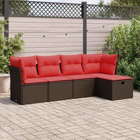 5 pcs conjunto sofás p/ jardim c/ almofadões vime PE castanho
