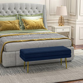 Banco com arrumação 2 em 1, assento com acabamento em veludo e pés em aço 100 x 37,5 x 42 cm, azul e dourado