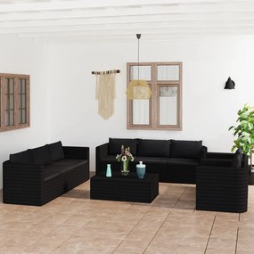 vidaXL 10 pcs conjunto lounge de jardim c/ almofadões vime PE preto