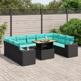 vidaXL 10 pcs conjunto de sofás p/ jardim c/ almofadões vime PE preto