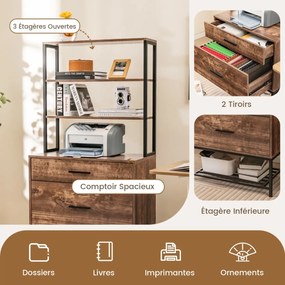 Armário de arquivo com estação de carregamento Armário de escritório com 3 prateleiras abertas e 2 gavetas Cinza rústico