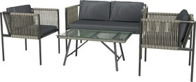 Outsunny Conjunto de móveis de jardim 4 peças, 1 sofá, 2 poltronas, 1 mesa com tampo de vidro, almofadas, estrutura em aço, rattan sintético, cinza | Aosom Portugal