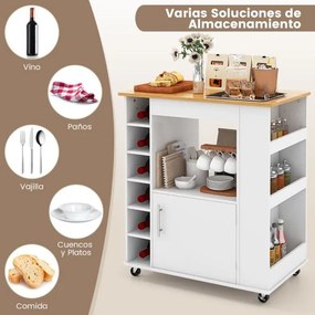 Carrinho de cozinha com rodas, toalheiro e tampa de bambu para sala de jantar e bar Estante para 6 garrafas de vinho 76 x 44 x 89 cm Branco