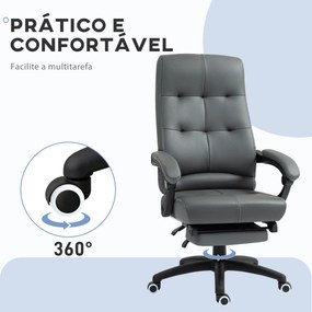 Cadeira de Escritório Ergonómica Giratória Reclinável Estofada em PU com Altura Ajustável 65x65x118-125 cm Cinza Escuro