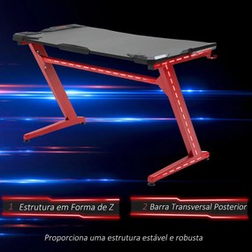 HOMCOM Secretária Gaming para Computador com Porta Copos Gancho para Fones de Ouvidos Suporte para Gamepad e 2 Orifícios Passa Cabos 122x66x76cm