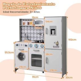 Cozinha Brincar para crianças com mais de 3 anos, em madeira, com máquina de gelo, fogão, máquina de lavar roupa, forno micro-ondas, sons e luzes reai