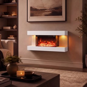 Lareira Elétrica de Parede com Vista por Três Lados, 82 x 20,6 x 41,8 cm, Controlo por Wi-Fi, Branco