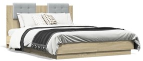 vidaXL Estrutura cama c/ cabeceira/luzes LED 135x190cm carvalho sonoma