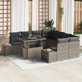 Conjunto de Sofá de Jardim de 9 Peças com Almofadas Cinza em Rattan Si