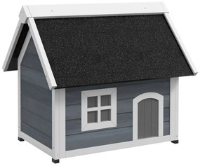 PawHut Casa para Gatos de Madeira com Telhado Asfáltico Rebatível Janela e Portas com Cortina 77x57,5x68 cm Cinzento e Preto | Aosom Portugal