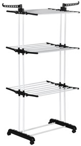 Estendal Dobrável para Roupa com Rodas Estendal Vertical de Aço com 3 Níveis Laterais Dobráveis Carga Máxima 70kg 73x64x177cm Preto e Branco