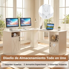Secretária de canto em L com estação de carregamento 150 x 150 x 76 cm, prateleiras abertas, portas e estante de 2 níveis – para trabalho, jogos e est