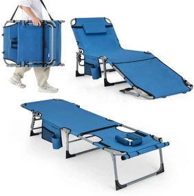Espreguiçadeira dobrável para exterior com apoio para os pés ajustável Almofada amovível com orifício para o rosto ajustável Azul