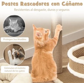 Arranhador para gatos de interior Árvore com tapete de rattan Brinquedos pendurados Postos de arranhar Plataforma Cama espaçosa Centro de actividades