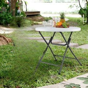 Mesa jardim redonda dobrável 81 x 81 x 73,5 cm  com tampo grosso em HDPE e estrutura metálica robusta para uso interno e externo Branca