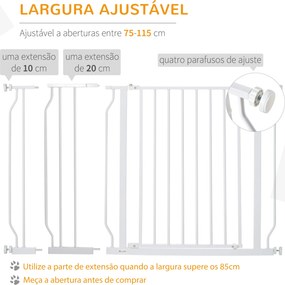 Barreira de Segurança para Cães Extensível para Escadas e Portas 75-115cm com 2 Extensões e 10-20cm Montagem a Pressão Aço Altura 76cm Branco