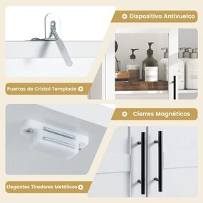 Armário para casa de banho de madeira com portas 70 cm x 30 cm x 168 cm, prateleiras e ganchos para esfregonas  branco