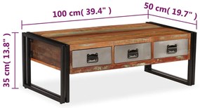 Mesa de centro 3 gavetas madeira recuperada maciça 100x50x35 cm