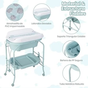 Troca-fraldas com banheira, portátil e dobrável, almofada em PVC, bandeja de armazenamento com 4 rodas universais Azul