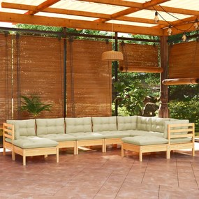 vidaXL 9 pcs conjunto lounge jardim c/ almofadões creme pinho maciço
