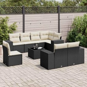 9 pcs conjunto de sofás p/ jardim c/ almofadões vime PE preto