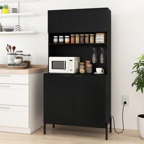 Armário multifuncional para cozinha com estação de carregamento 80 x 40 x 164 cm, garrafeira, portas e prateleira ajustável para sala de jantar e sala
