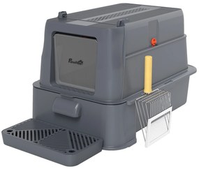 PawHut Caixa de Areia para Gatos de Aço Inoxidável XL com Tampa Articulada 180° Laterais Altas Pedal Pá 63x43x43 cm Cinzento Escuro | Aosom Portugal