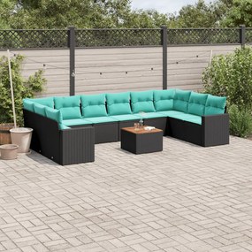 vidaXL 11 pcs conjunto sofás de jardim c/ almofadões vime PE preto