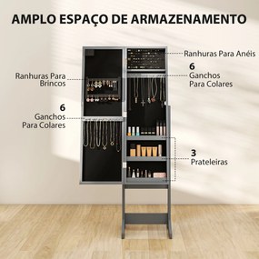 Espelho Joalheiro com Luzes LED Armário para Joias com Ângulo Ajustável  Prateleiras Ranuras para Anéis 36x30x136 cm Cinzento