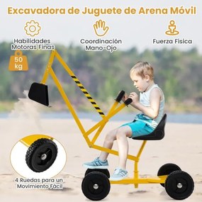 Conjunto de escavadora com controlos de duas mãos e pá flexível, assento giratório, 4 rodas, para crianças 121 x 40 x 64 cm, amarelo