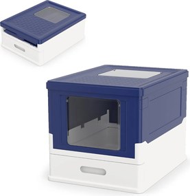 Caixa de areia dobrável 50 x 37,5 x 36,5 cm com tampa fechada, entrada frontal e saída rebatível, bandeja portátil para gatos até 10 kg Azul Marinho