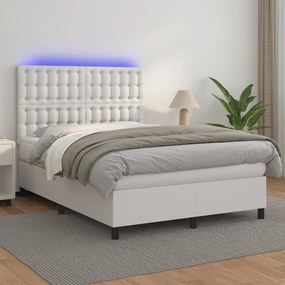 Cama box spring c/colchão/LED 140x200cm couro artificial branco