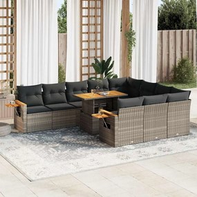 11 pcs conjunto sofás de jardim c/ almofadões vime PE/acácia