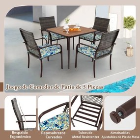 Conjunto de jantar de jardim 4 cadeiras de rattan com almofadas e mesa quadrada com orifício para guarda-sol Castanho misto