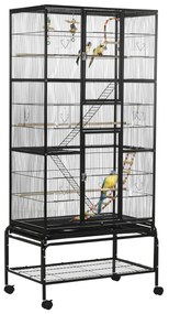 PawHut Gaiola para Pássaros com Rodas de 3 Níveis com 3 Poleiros Comedouros Brinquedos Rampas e Prateleira 83x53x180 cm Preto | Aosom Portugal