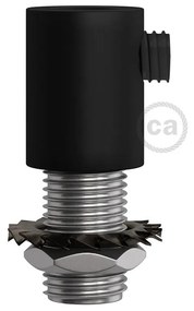 Black finish metal round strain relief clamp provided with threaded tube nut and washer.