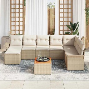 Conjunto de Sofá de Jardim 9 Peças com Almofadas Beje, Rattan Sintétic