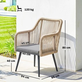 Conjunto de 2 Cadeiras de Jardim Exterior em Vime (MESA NÃO INCLUIDA) com Almofadas Apoios de Braço e Estrutura de Aço 54x65x80 cm Cinza