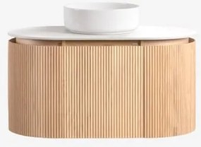 Conjunto De Móvel De Casa De Banho Suspenso 90x50 Cm Em Madeira Carsone Madeira Natural & Sem Unidade Auxiliar & Cerâmica Redonda Branca - Sklum